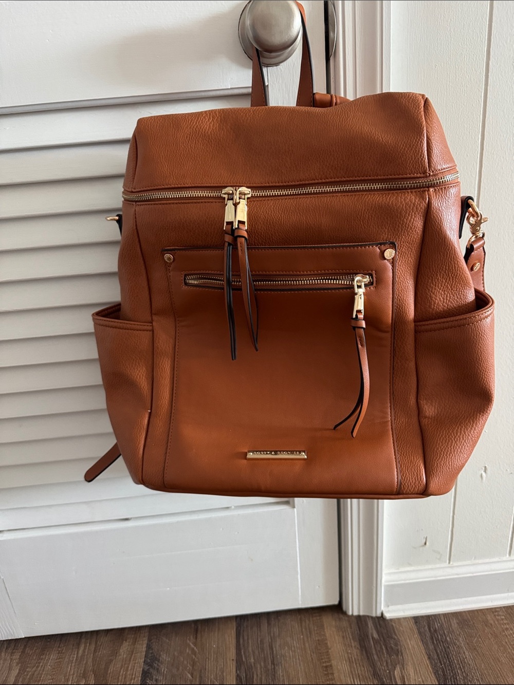 Poppy & Peonies Cognac Leather Backpack with Gold Hardware